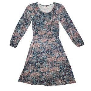 Talbots Paisley‎ Dress Womens SP Blue Stretch Long Sleeve Fit Flare Career Boho